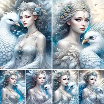 Белый павлин и девушка 5D полный круглый набор алмазов для рисования дзен-арт буддийская скульптура DIY дрели мозаичная вышивка крестиком J3954 square 40x30cm белый