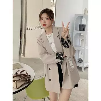Белый повседневный пиджак женский весна-осень новый корейский стиль свободный двубортный костюм с разрезом S