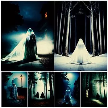 Белый призрак бродит ночью, ретро-искусство на стене, масляная живопись, постер с изображением призрака, затерянного в лесу 21cm30cm NoFrame