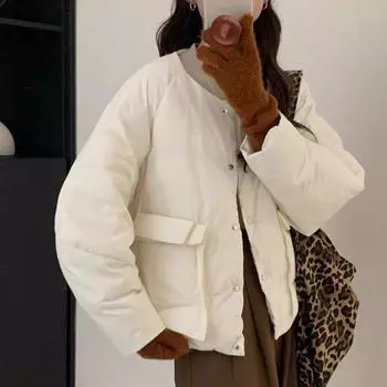 Белый пуховик на утином пуху зима 2024 новый женский модный однотонный теплый свободный повседневный пуховик S 90-60kg