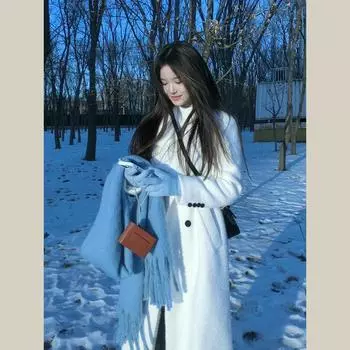 Белый пуховик шерстяное пальто женское 2024 новое зимнее утолщенное длинное шерстяное пальто XS [Suitable for under 50kg]