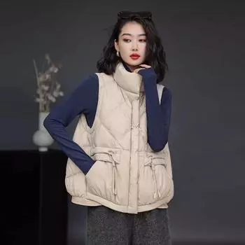 Белый пуховой жилет для женщин 2024 года, легкий воротник-стойка, теплый жилет на шнурке, повседневный жилет для улицы M