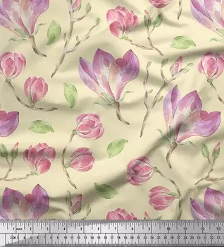 Белый японский креп-сатин Soimoi с листьями и цветочным принтом магнолии, швейная ткань, метр 42 дюйма 42 Inch Wide - Cotton Voile белый