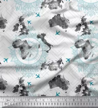 Белый японский креп-сатин Soimoi Ткань для рукоделия с принтом «Страсть к путешествиям и путешествиям в самолетах» шириной 42 дюйма по метрам 42 Inch Wide - Poly Crepe белый