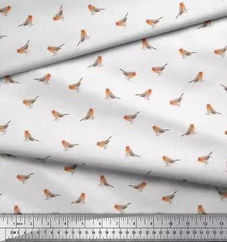 Белый японский креп-сатин Soimoi, ткань Робин Птица с принтом на метр, 42 дюйма 42 Inch Wide - Poly Crepe белый