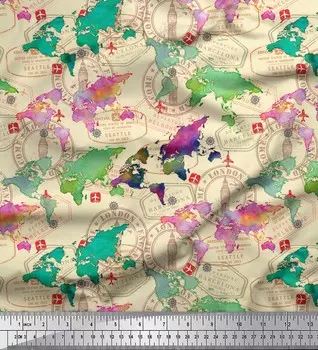 Белый японский креп-сатин Soimoi, ткань с печатью и картой мира, декоративная ткань с принтом, метр 42 дюйма 42 Inch Wide - Poly Crepe белый