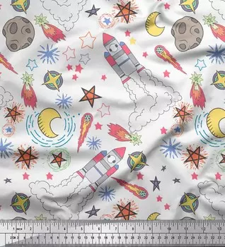 Белый японский креп-сатин Soimoi, ткань с принтом звезд и ракетной галактики, 1 метр 42 дюйма 42 Inch Wide - Poly Crepe белый