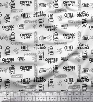 Белый японский креп-сатин Soimoi, ткань с текстовым принтом Coffee Time, ткань по метрам, 42 дюйма 42 Inch Wide - Poly Crepe белый