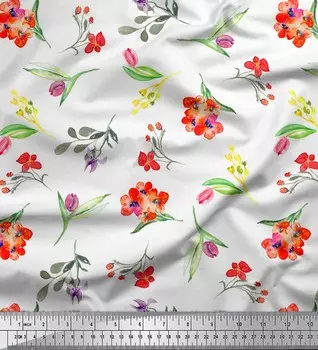 Белый японский креп-сатин Soimoi, ткань с цветочным принтом листьев и тюльпанов, 42 дюйма по метрам 42 Inch Wide - Cotton Voile белый