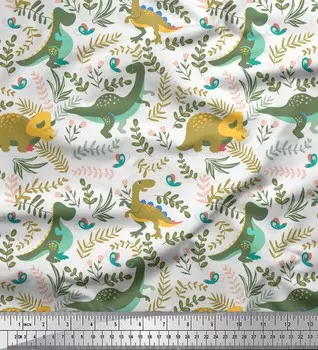 Белый японский креп-сатин Soimoi, ткань с принтом динозавров и листьев красного дерева, 42 дюйма по метрам 42 Inch Wide - Poly Crepe белый