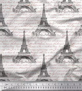 Белый японский креп-сатин Soimoi, ткань с текстом и Эйфелевой башней, архитектурный декор, ткань с принтом, 42 дюйма 42 Inch Wide - Poly Crepe белый