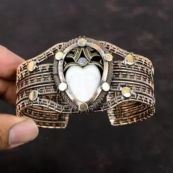 Белый резной браслет из кости для лица Браслет-манжета с драгоценным камнем Браслет-манжета из медной проволоки Регулируемый браслет-манжета Радужный браслет из лунного камня ручной работы