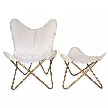 Белый шезлонг/табурет-кресло-бабочка из кожи ручной работы с оттоманкой белый