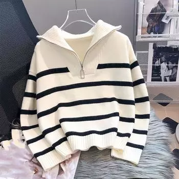 Белый синий свитер пуловер женский весна осень нижнее белье молния полосатый короткий стиль популярный премиум свитер M белый