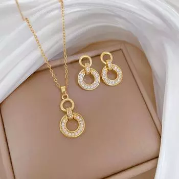 Белый синтетический циркон геометрические украшения комплекты серьги ожерелье для женщин Pack of 3 золотой