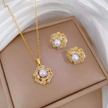 Белый синтетический циркон геометрические украшения комплекты серьги ожерелье для женщин Pack of 3 золотой