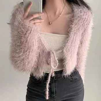 Белый свитер женский зима-осень новый стиль волосатый короткий стиль облегающий и утягивающий вязаный кардиган верхняя куртка One Neck белый