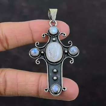 Белый титановый кулон Друзы Радужный кулон с лунным камнем Подвеска из драгоценного камня Подвеска из стерлингового серебра 925 пробы Ювелирные изделия ручной работы Подвеска-крестик для подарка