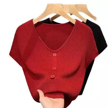 Белый тонкий вязаный свитер для женщин, новая женская футболка с V-образным вырезом и рукавами, ленивый стиль, закрывающий живот One Size чёрный