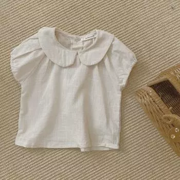 Белый топ для девочек, детский пуловер с воротником с лацканами и короткими рукавами, топы 9