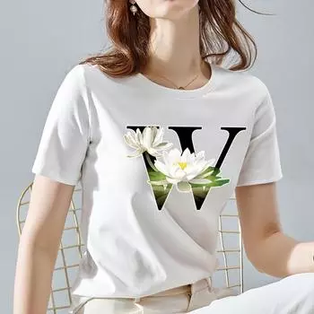 Белый топ с круглым вырезом, женский 2022, летняя повседневная футболка, базовый цветочный цвет, буквенное имя, топы с короткими рукавами и принтом, женская одежда XL