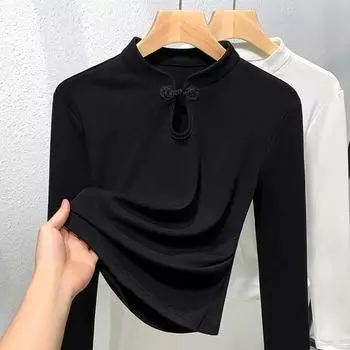 Белый топ с пряжкой, ранняя осень, новая внутренняя рубашка с длинными рукавами, стоячий воротник, хлопковая футболка для женщин S чёрный