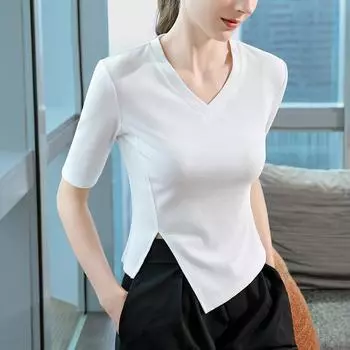 Белый топ с V-образным вырезом для женщин, новый дизайн, женская рубашка Perceptual, узкий подол, футболка со средними рукавами S белый