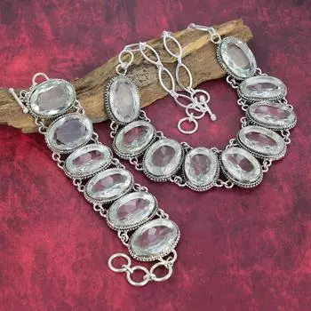 Белый топаз, драгоценный камень, стерлинговое серебро 925 пробы, ювелирное ожерелье и браслет, замечательный комплект украшений с топазом для нее, комплект украшений ручной работы для нее Adjustable With 8 -18 белый