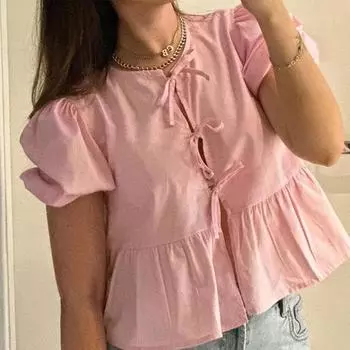 Белый укороченный топ, женская черная блузка с короткими рукавами и пышными рукавами, женские летние блузки с бантом, женские милые топы с рюшами XS белый