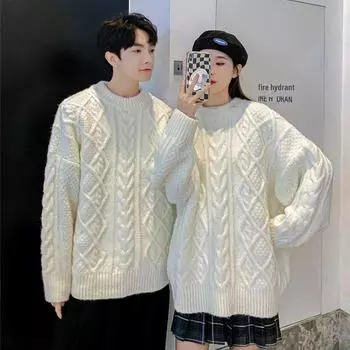 Белый унисекс-свитер перекрученной вязки, в студенческом стиле, однотонный круглый вырез, наряд для пары. S (70-95 jin) грязно-белый