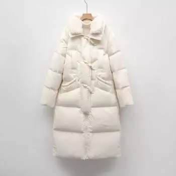 Белый утиный пух длинный пуховик женский зимний новый простой меховой воротник утолщенный свободный до колена пальто прилив S розовый