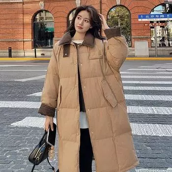 Белый утиный пух контрастных цветов длинный пуховик женский зимняя мода 2024 года вельветовый лацкан выше колена куртка прилив one size fits all хаки