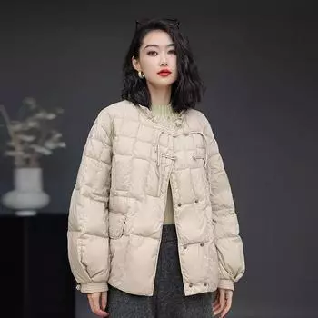 Белый утиный пух, новый китайский пуховик с грибковой кромкой, женская зимняя мода 2024 года, теплая куртка с пряжкой в стиле ретро M бежевый