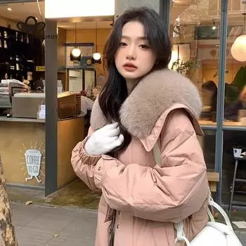 Белый утиный пух, новый зимний пуховик, женский, средней длины, утолщенный, с большим меховым воротником, длинное пальто S белый