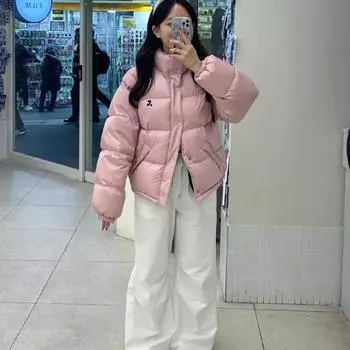 Белый утиный пух новый зимний пуховик женский короткий свободный хлеб пальто утолщенная куртка S розовый