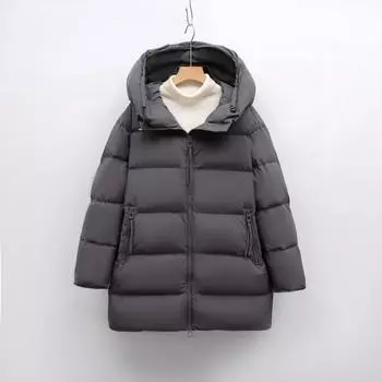 Белый утиный пух однотонный простой пуховик с капюшоном женский свободный новый зимний длинный утолщенный пиджак прилив S чёрный