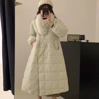 Белый утиный пуховый лисьий мех длинный пуховик на шнуровке с поясом женский 2024 зима новый пальто до колена прилив One size