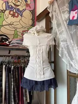 Белый винтажный свитер, вязаный свитер Y2k для женщин 90-х годов, эстетика Харадзюку, элегантный свитер с длинными рукавами, мода 2000-х, одежда, осень XS белый