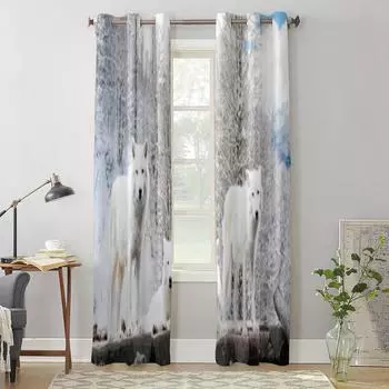 Белый волк в зимнем лесу, оконная занавеска для детской комнаты, домашние жалюзи, шторы для гостиной, спальни, оконные шторы 135W x 60H(cm) x1