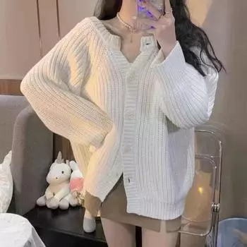 Белый вязаный свитер, кардиган, пальто для женщин, 2022, корейский свободный свитер с длинными рукавами и круглым вырезом, однотонный, милый, элитный дизайн, кардиган, свитер One Size белый