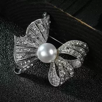 Белый жемчужный бант темпераментный высококачественный изысканный брошь сплав горный хрусталь корсаж