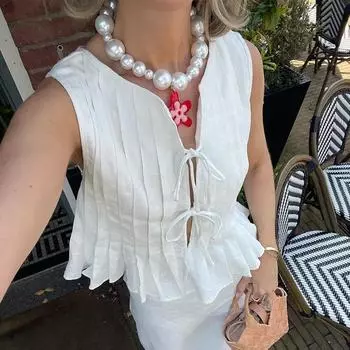 Белый жилет из хлопка и льна, плиссированный короткий топ со шнуровкой, женский, с круглым вырезом, без рукавов, с оборками, топы для отпуска и пляжа, лето M