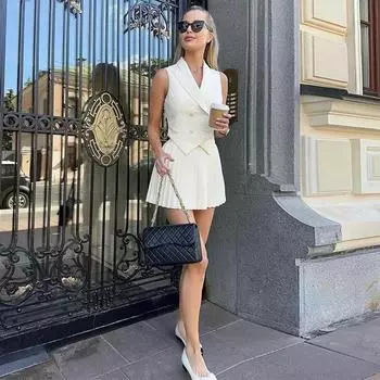 Белый жилет юбка костюм женский V-образный вырез двубортный нестандартный жилет + плиссированная юбка комплект из двух частей элегантный рабочий комплект летний L белый
