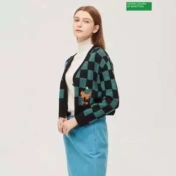 Benetton Benetton Собака Вышивка Клетчатый Вязаный Кардиган Bakca8461 Gn painted/OS