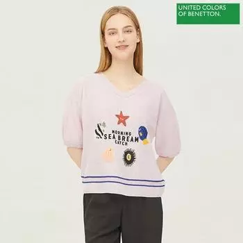 Benetton Benetton Tukata V-образный вырез Объемный рукав Knit Bakpb9431 lV light violet/OS