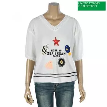 Benetton Benetton Tukata V-образный вырез свободный крой трикотаж Bakpb9431 Wh white/OS