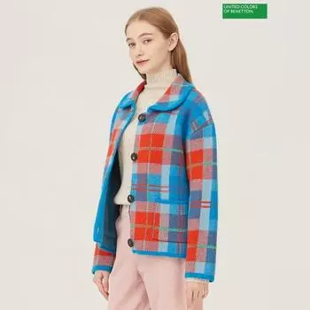 Benetton Check Jacquard Knit Cardigan Bakc56361 Bl Blue/OS