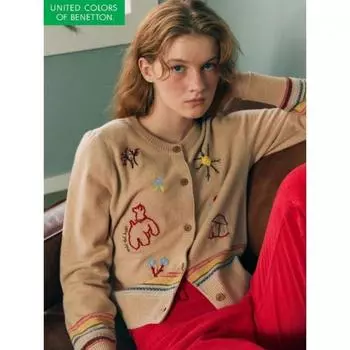 Benetton Color Embroidered Knit Cardigan Bakca5461 BE/OS