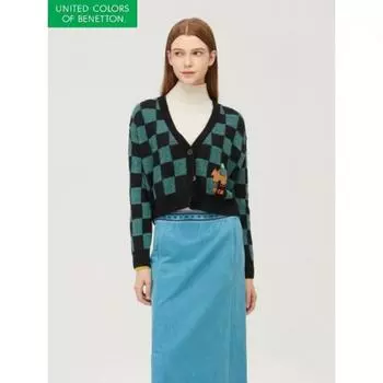 Benetton Dog Embroidered Check Knit Cardigan Bakca8461 GN/OS