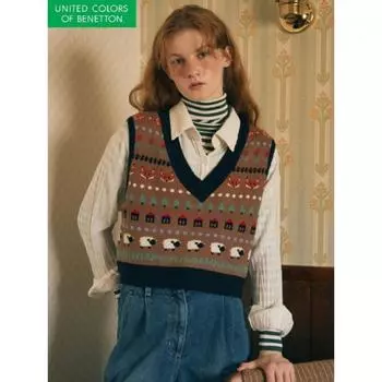 Benetton Jacquard Pattern Knit Vest Bakva2461 BR/OS